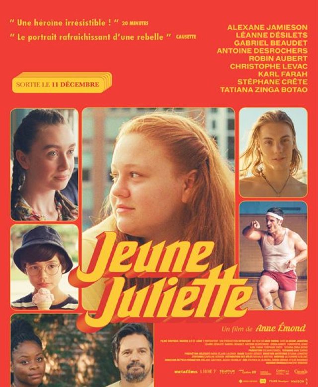 affiche du film Jeune Juliette, fond rouge et portraits de 7 personnages du film