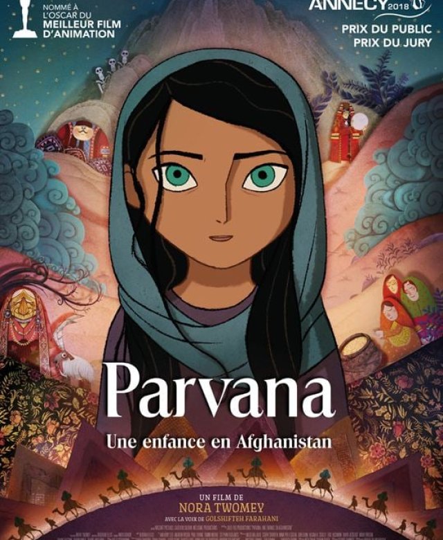affiche du film parvana, représentant une jeune fille brune aux yeux bleus, voilée, derrière elle des décors en papier découpé