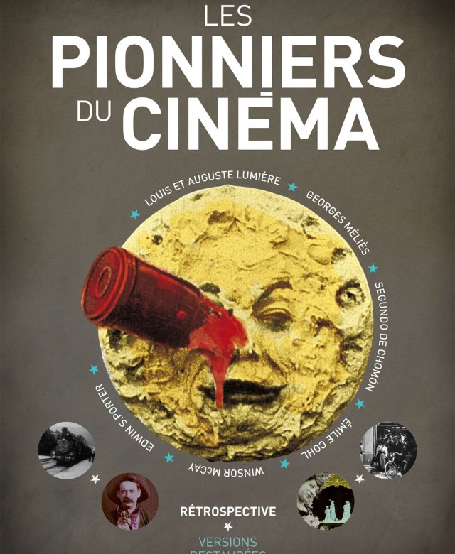 affiche du programme de courts-métrages Les Pionniers du cinéma incluant le titre et une image d'une lune avec un téléscope dans l'oeil